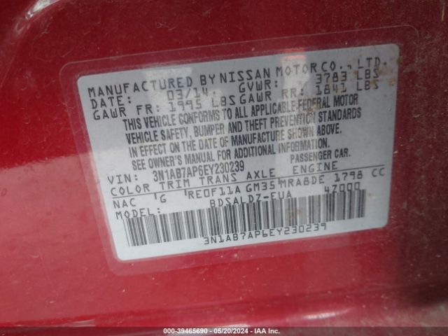 3N1AB7AP6EY230239 Nissan Sentra Fe+ S/fe+ Sv/s/sl/sr/sv