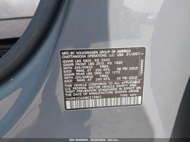 1V2PE2CA2MC213907 Volkswagen Atlas Cross Sport 3.6l V6 Se W/technology R-line