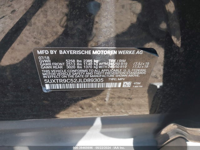 BMW X3 Xdrive30i 2018 5UXTR9C52JLD89305 Image 9