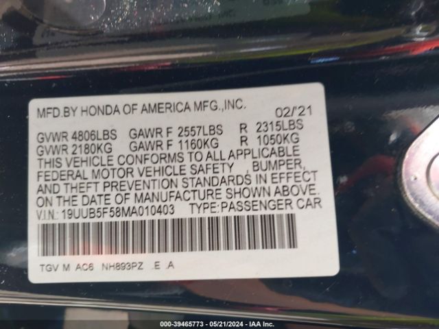 19UUB5F58MA010403 Acura Tlx A-spec Package