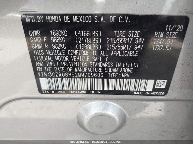 Honda Hr-v Awd Ex 2021 3CZRU6H52MM709606 Image 9