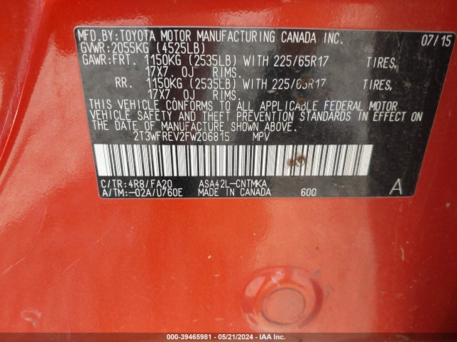 Toyota Rav4 Xle 2015 2T3WFREV2FW206815 Image 9