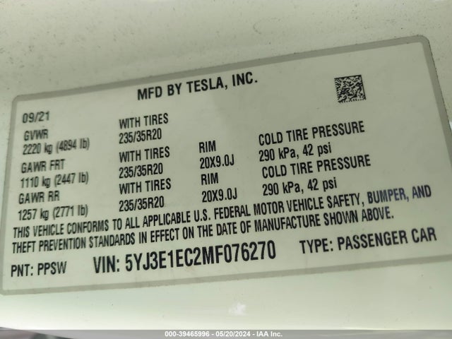 5YJ3E1EC2MF076270 Tesla Model 3 Performance Dual Motor All-wheel Drive