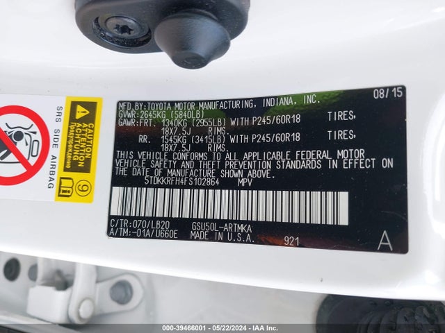 Toyota Highlander Xle V6 2015 5TDKKRFH4FS102864 Image 9