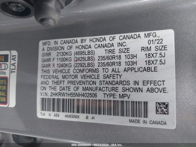 2HKRW1H55NH402506 Honda Cr-v 2wd Ex
