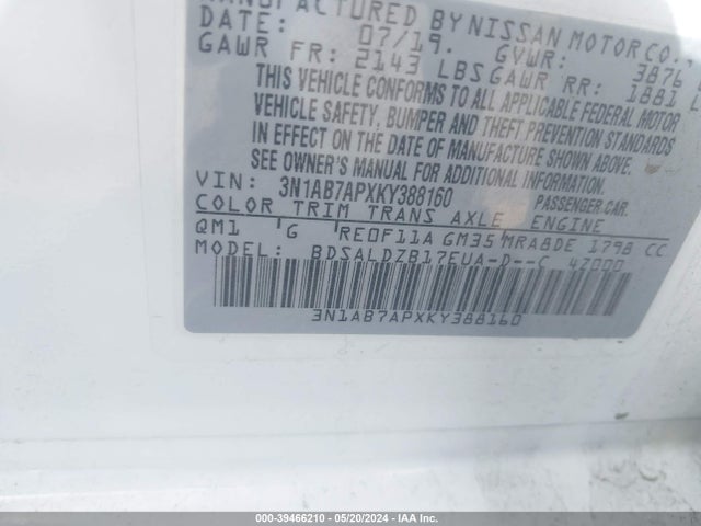 Nissan SENTRA SV 2019 3N1AB7APXKY388160 Image 9