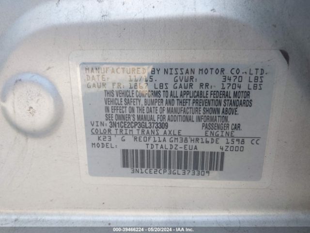 3N1CE2CP3GL373309 Nissan Versa Note S (sr)/s Plus/sl/sr/sv