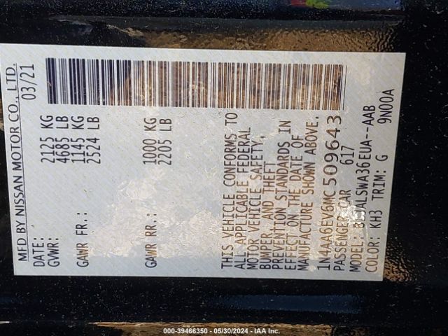 1N4AA6EV6MC509643 Nissan Maxima Sr Xtronic Cvt