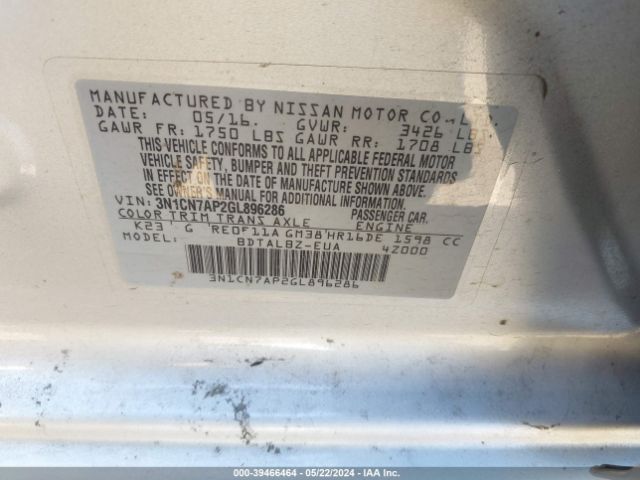 3N1CN7AP2GL896286 Nissan Versa 1.6 S/1.6 S+/1.6 Sl/1.6 Sv