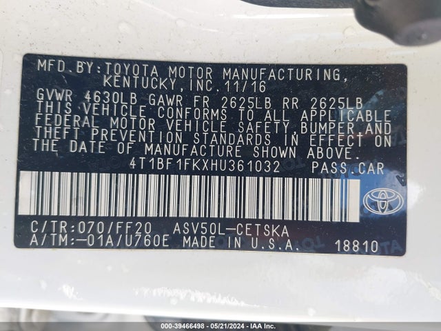 Toyota CAMRY SE 2017 4T1BF1FKXHU361032 Image 9