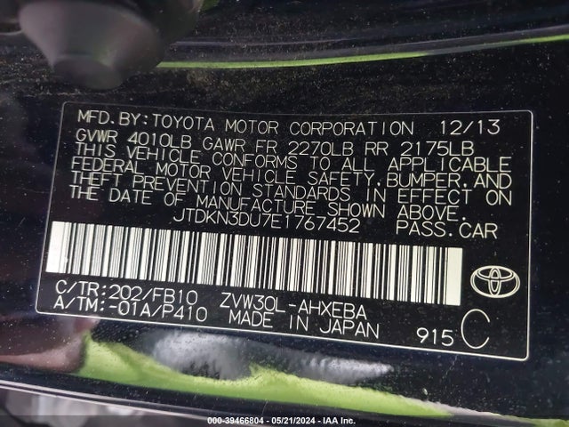 Toyota Prius Two 2014 JTDKN3DU7E1767452 Image 9