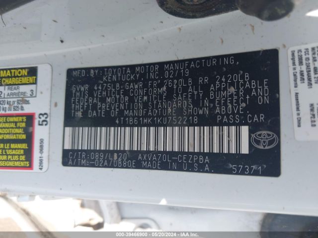 4T1B61HK1KU752218 Toyota CAMRY XSE