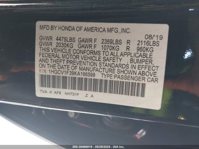 1HGCV1F39KA166599 Honda Accord Sport