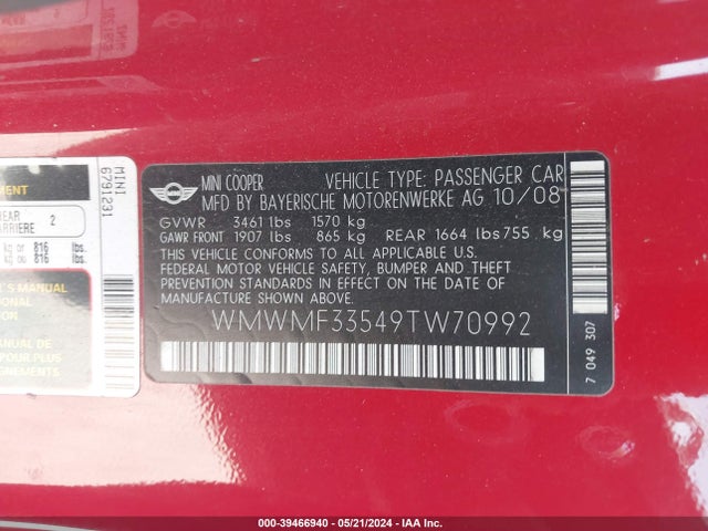 2009 MINI COOPER WMWMF33549TW70992 Photo 8
