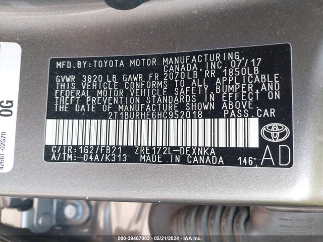 Toyota COROLLA LE 2017 2T1BURHE6HC952018 Image 9