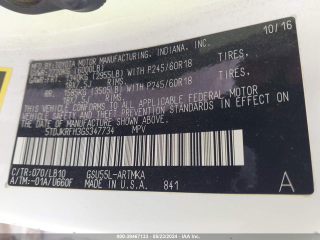 Toyota Highlander Xle V6 2016 5TDJKRFH3GS347734 Image 9