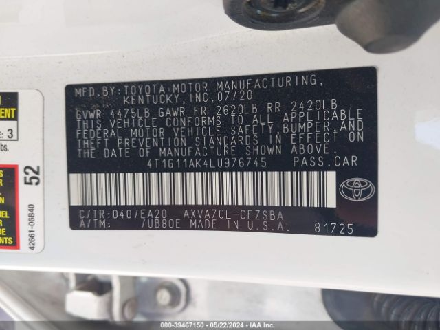 4T1G11AK4LU976745 Toyota CAMRY SE