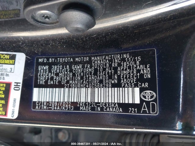 Toyota Corolla S W/special Edition Pkg 2016 2T1BURHE4GC568298 Image 9