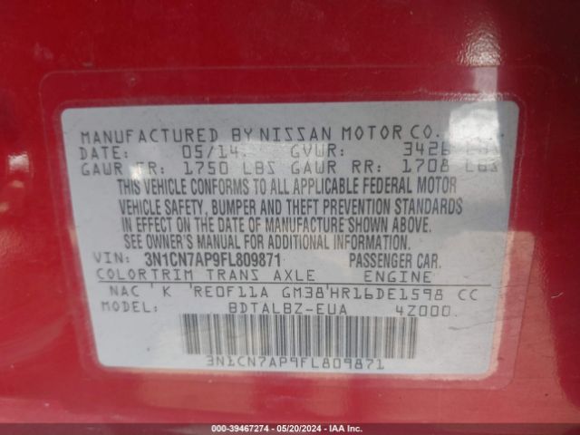 3N1CN7AP9FL809871 Nissan Versa 1.6 S/1.6 S+/1.6 Sl/1.6 Sv