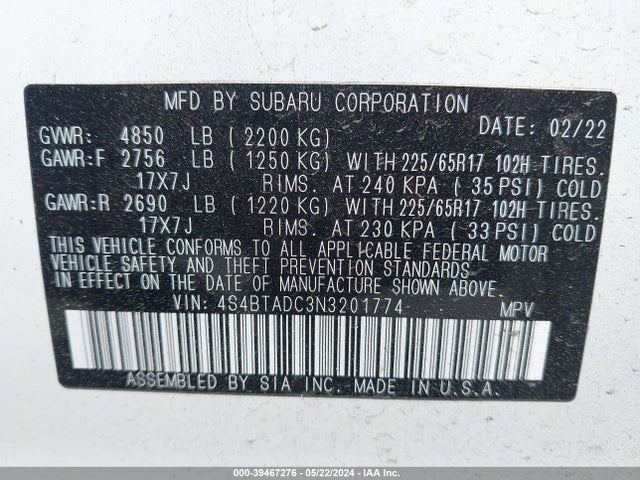 4S4BTADC3N3201774 Subaru Outback Premium