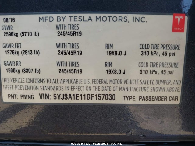 Tesla Model S 60/70/75/85 2016 5YJSA1E11GF157030 Image 9