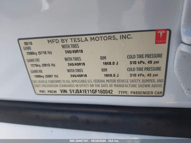 Tesla Model S 60/70/75/85 2016 5YJSA1E11GF160042 Image 9