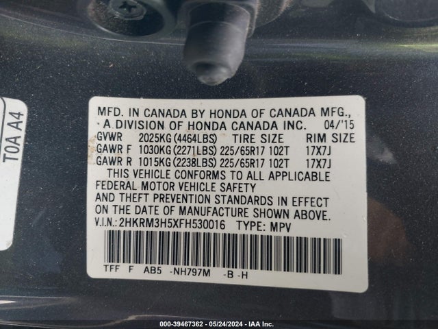 Honda CR-V EX 2015 2HKRM3H5XFH530016 Image 9