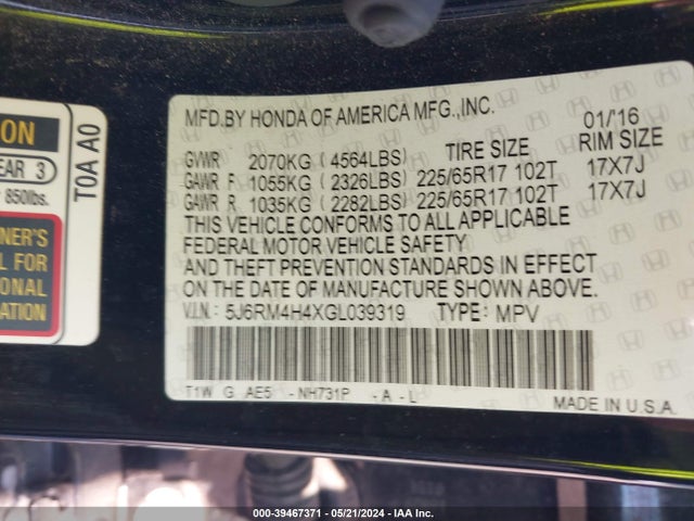 Honda CR-V SE 2016 5J6RM4H4XGL039319 Image 9