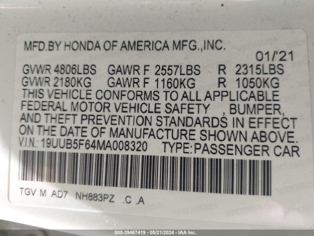 19UUB5F64MA008320 Acura Tlx Advance Package