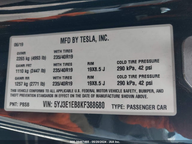 Tesla Model 3 Long Range/performance 2019 5YJ3E1EB8KF388680 Image 9