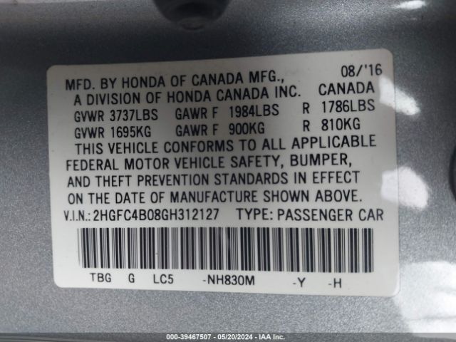 2HGFC4B08GH312127 Honda Civic Lx-p