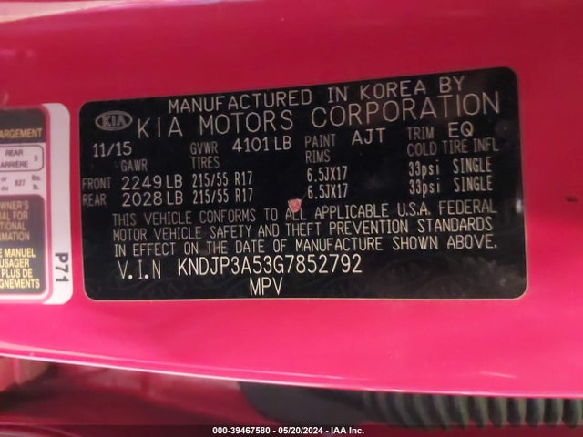 KIA SOUL + 2016 KNDJP3A53G7852792 Image 9