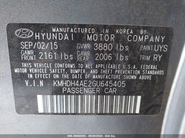Hyundai Elantra Value Edition 2016 KMHDH4AE2GU645405 Image 9
