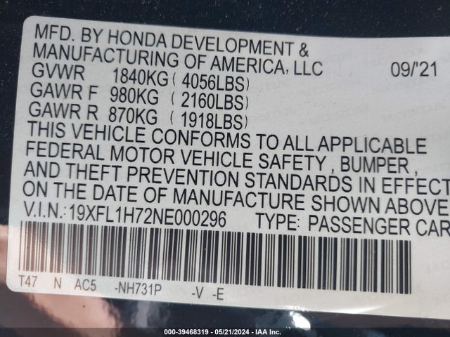 Honda Civic Ex-l 2022 19XFL1H72NE000296 Image 9