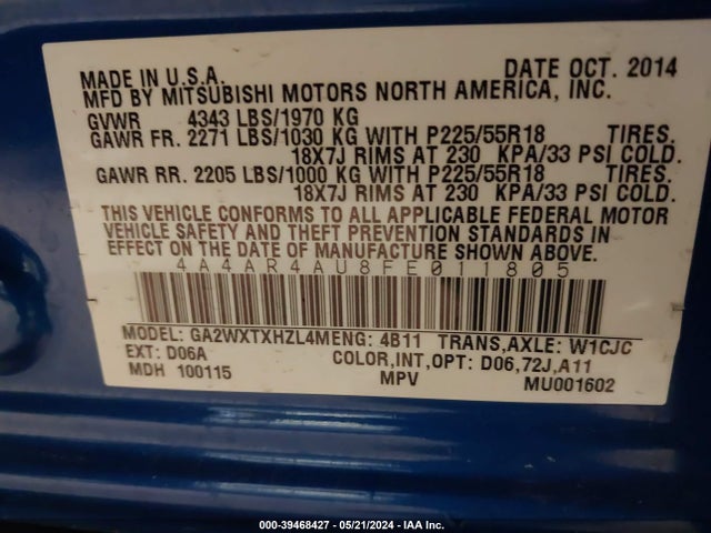 4A4AR4AU8FE011805 Mitsubishi Outlander Sport Se