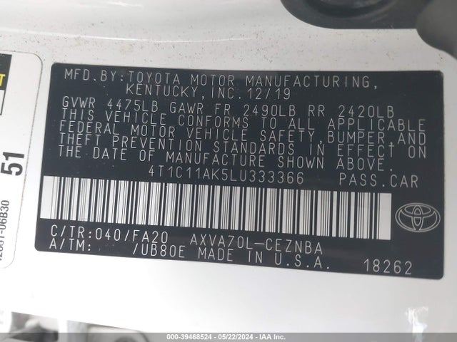 Toyota CAMRY LE 2020 4T1C11AK5LU333366 Image 9