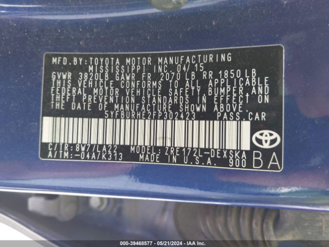 5YFBURHE2FP302423 Toyota Corolla S Premium