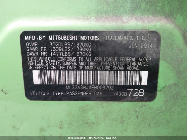 ML32A3HJ4FH003792 Mitsubishi MIRAGE DE