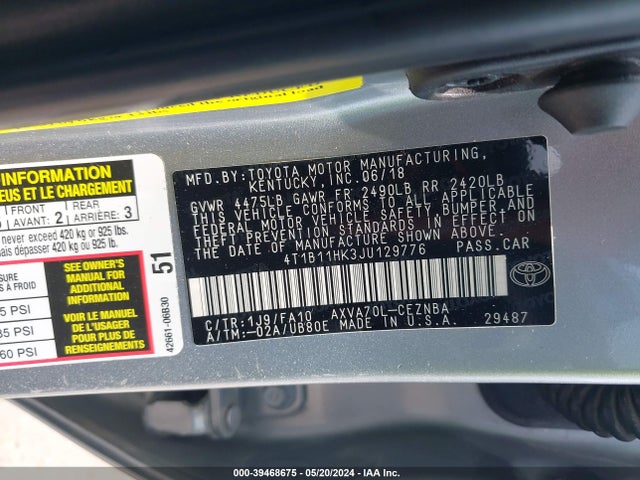 Toyota CAMRY LE 2018 4T1B11HK3JU129776 Image 9