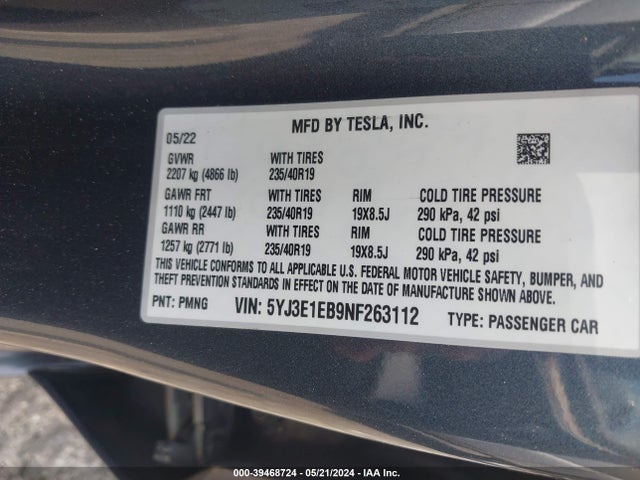 2022 TESLA MODEL 3 5YJ3E1EB9NF263112 Photo 8