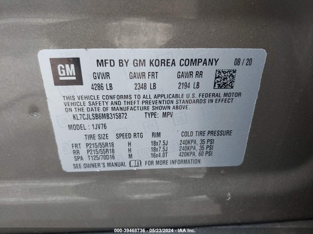 Chevrolet Trax Fwd Lt 2021 KL7CJLSB6MB315872 Image 9