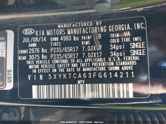 5XYKTCA63FG614211 KIA SORENTO LX