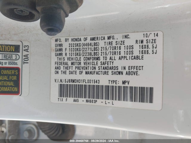 Honda CR-V LX 2015 5J6RM3H31FL001543 Image 9