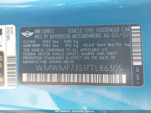 2007 MINI COOPER S WMWMF73517TL86305 Photo 8
