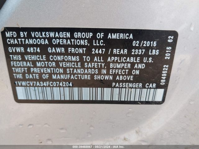 1VWCV7A34FC074204 Volkswagen Passat 2.0l Tdi Sel Premium