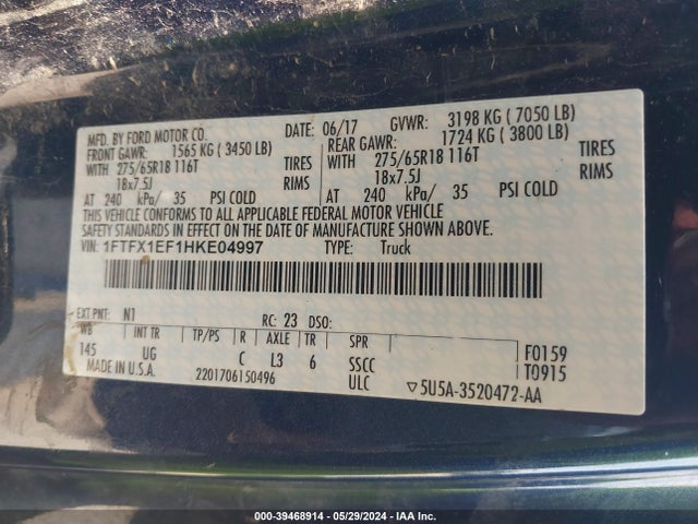Ford F-150 Xlt 2017 1FTFX1EF1HKE04997 Image 9