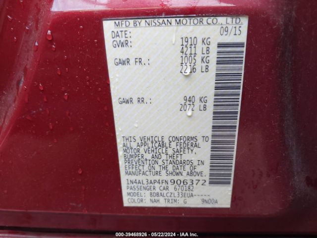 1N4AL3AP4FN906372 Nissan Altima 2.5/2.5 S/2.5 Sl/2.5 Sv