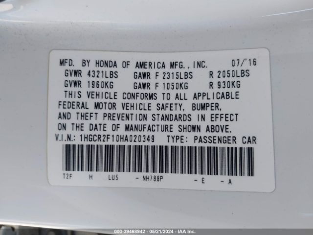 1HGCR2F10HA020349 Honda Accord Sport Se