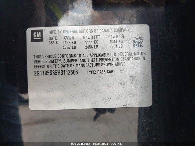 Chevrolet IMPALA 1LT 2017 2G1105S35H9112506 Image 9