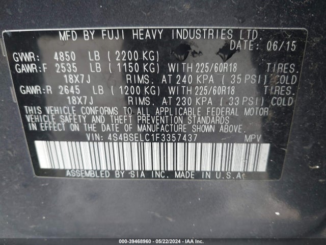 Subaru Outback 3.6r Limited 2015 4S4BSELC1F3357437 Image 9